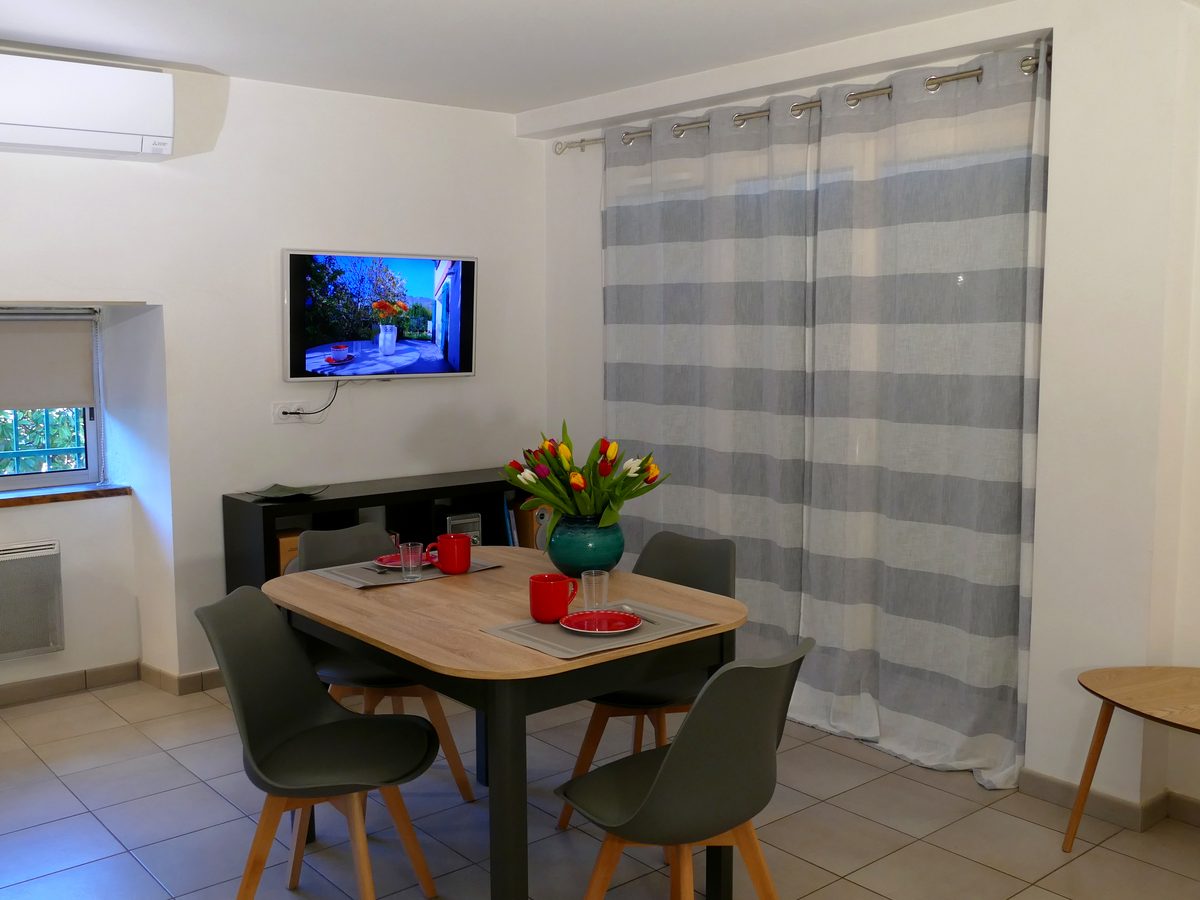 Vue sur le salon avec table et TV